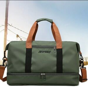 Men's Green Duffel Bag with Brown Straps